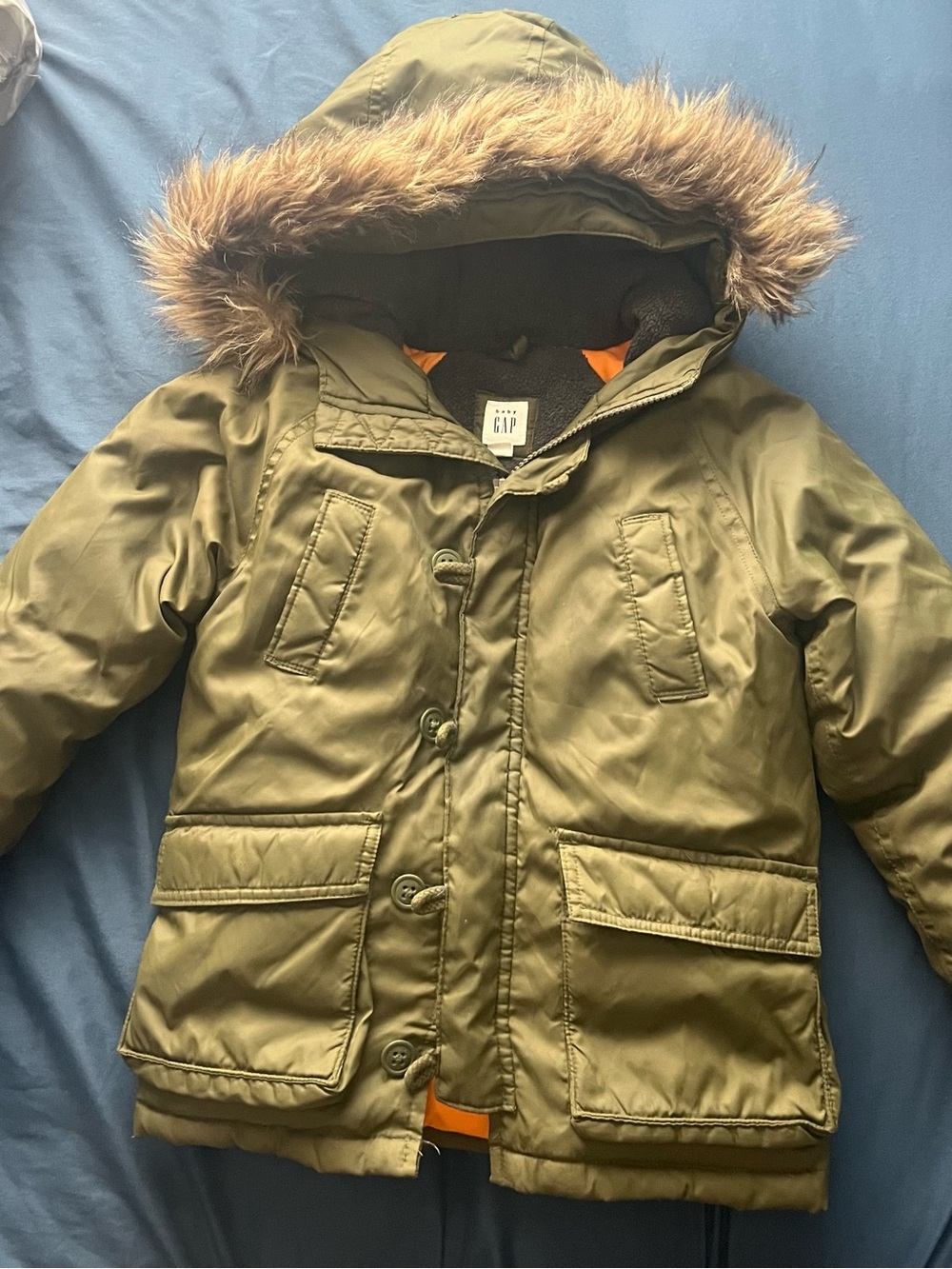 GAP Kids Olive Hooded Puffer Coat with Faux Fur Trim